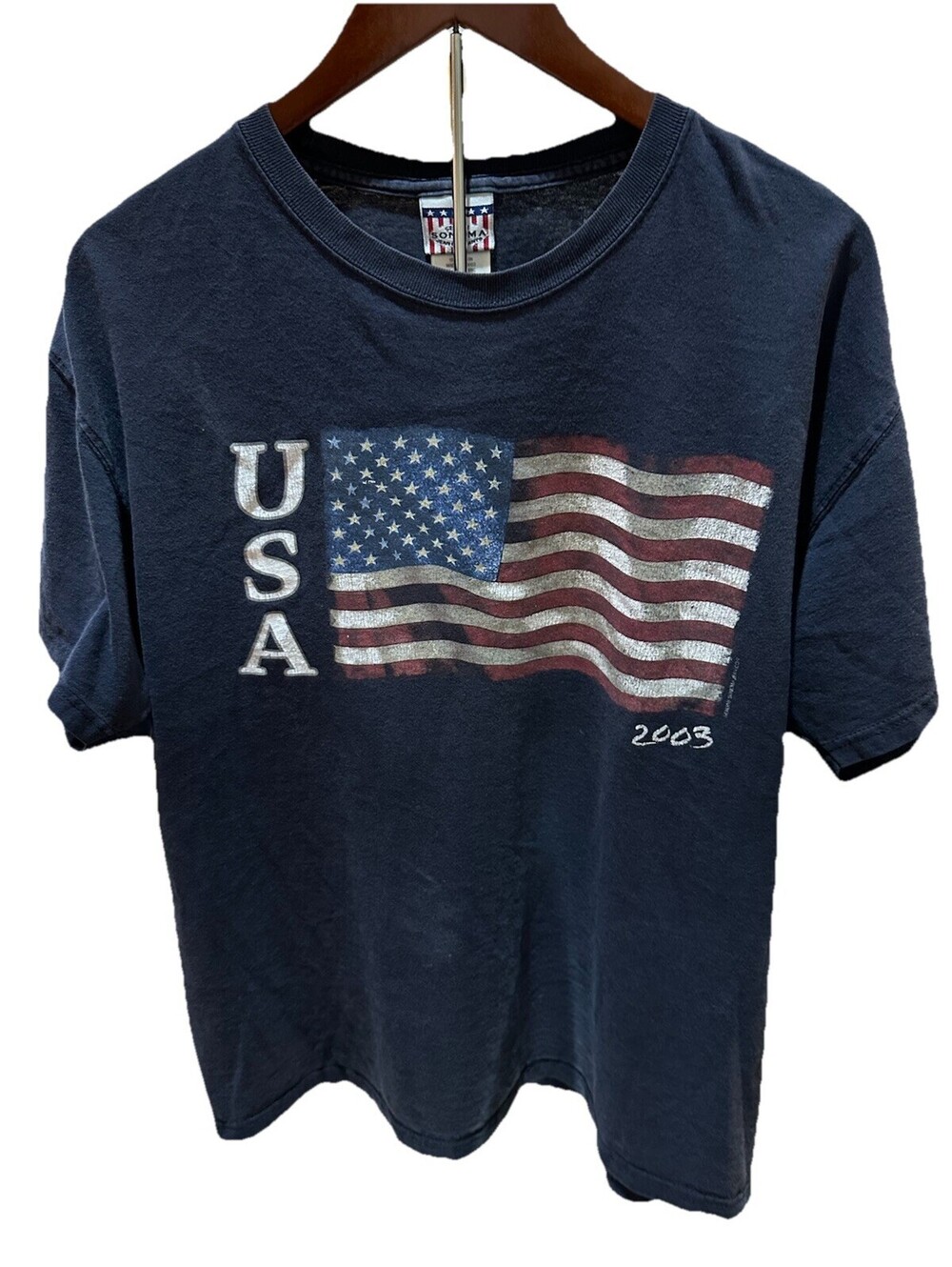 Vintage 2003 USA Flag T Shirt Sonoma Jean Co Patriotic Graphic Adult L Y2K